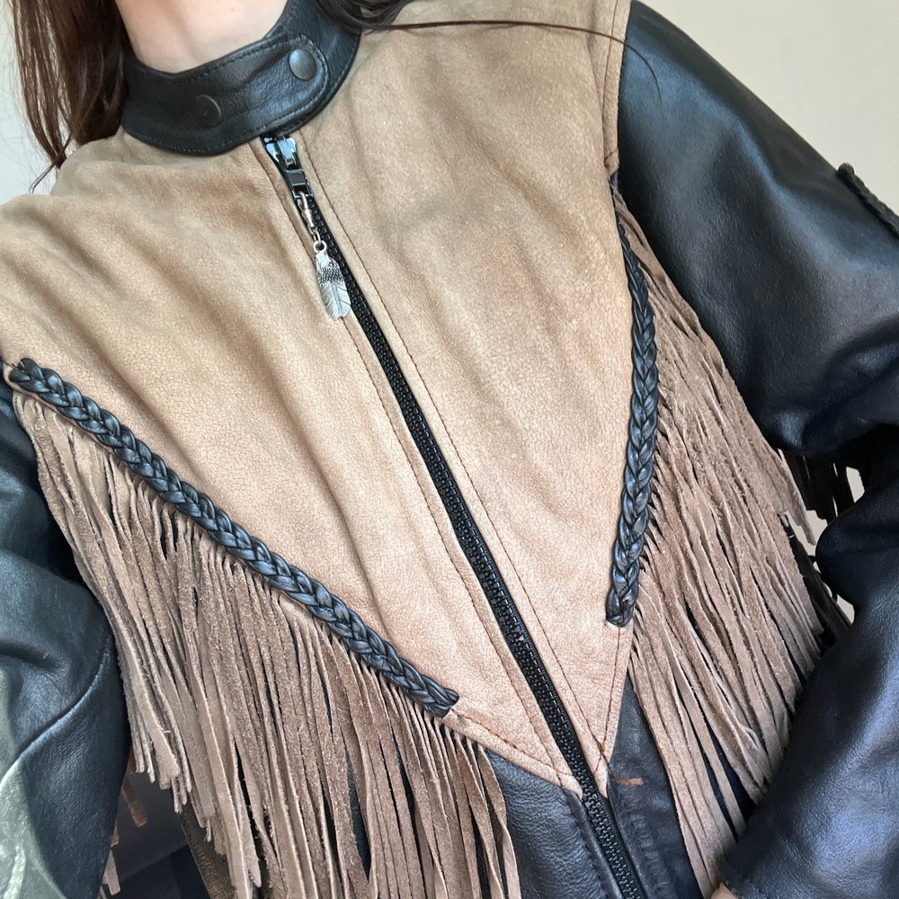 Vintage Leather Fringe Motorcycle Jacket Black Tan Biker‎ Western Braided Lace - Picture 6 of 12